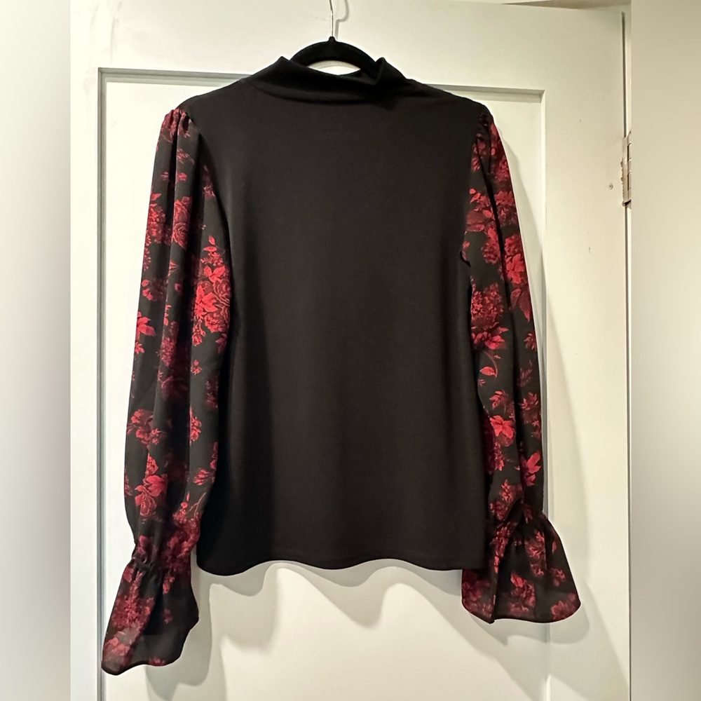 CeCe Black Top with Red Floral Sleeves